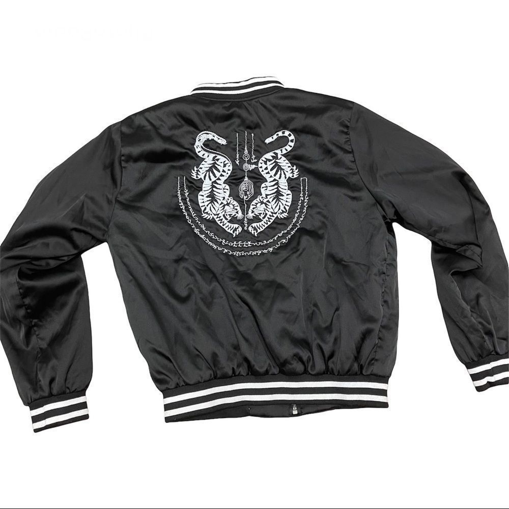 Brandy Melville Tiger Stitched Bomber Jacket Womens S Satin Black/White